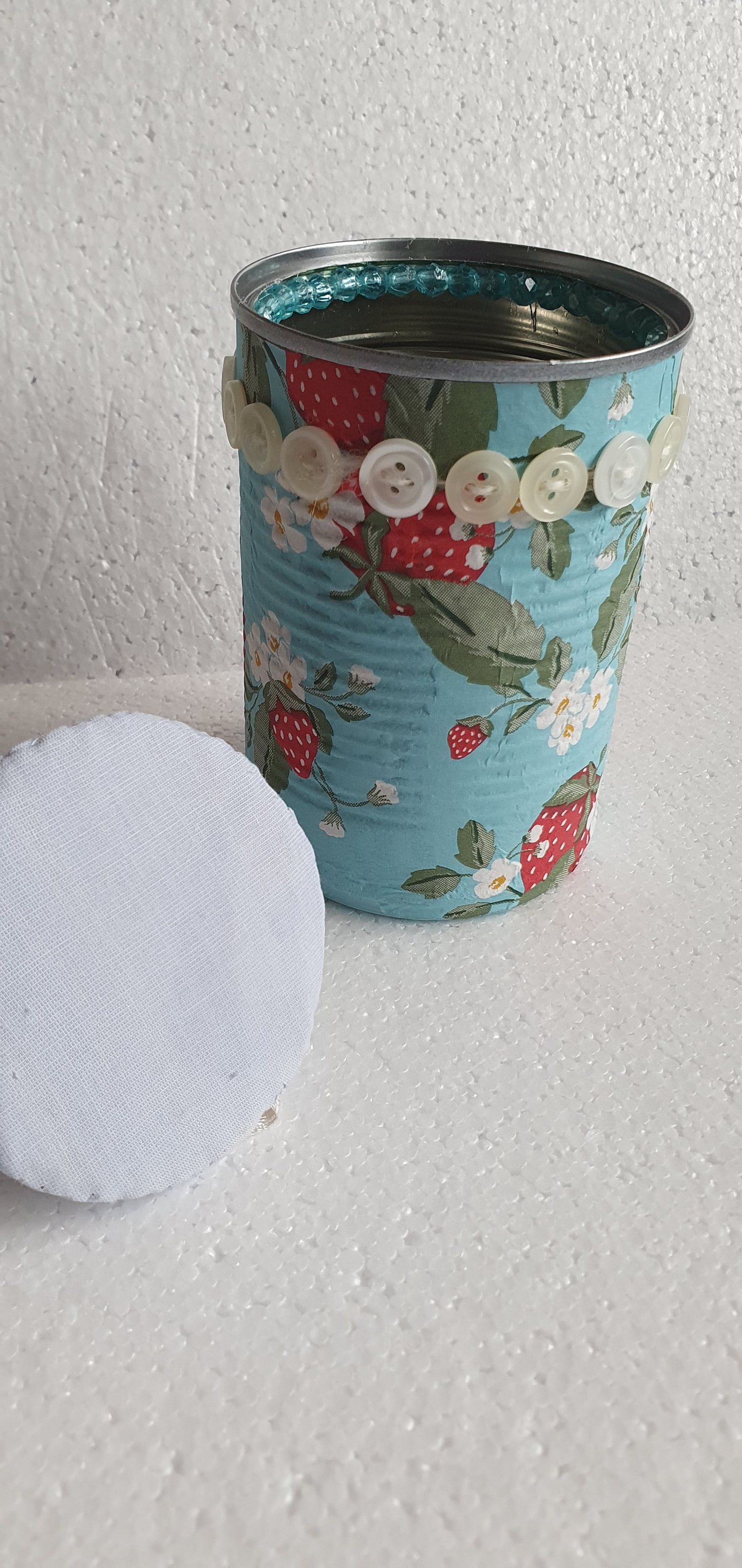 Hand Decorated Tin Can Pin Cushion Storage Pink Blue White Strawberries Buttons Crafters Gift