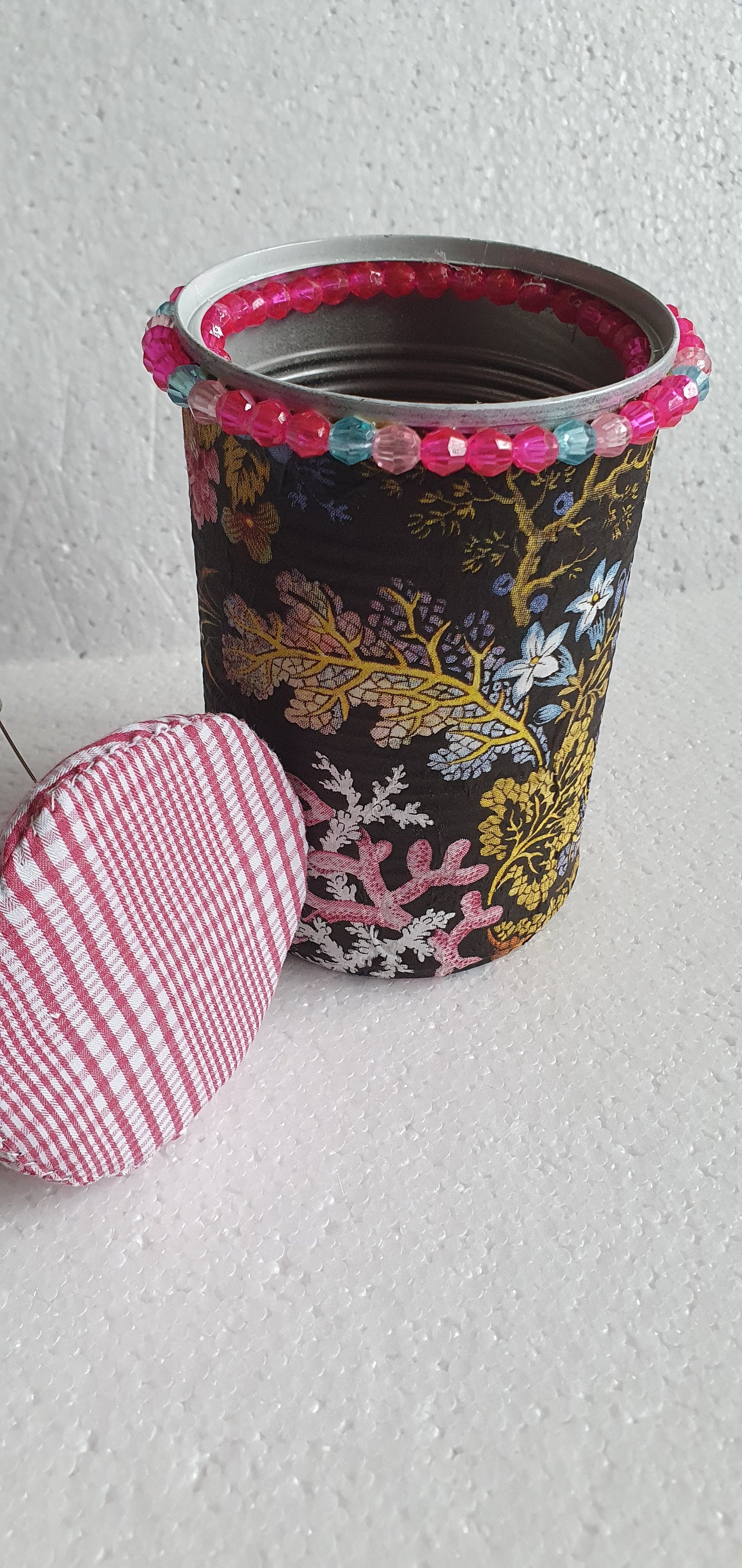 Hand Decorated Tin Can Pin Cushion Storage Black Floral Marine Buttons Crafters Gift