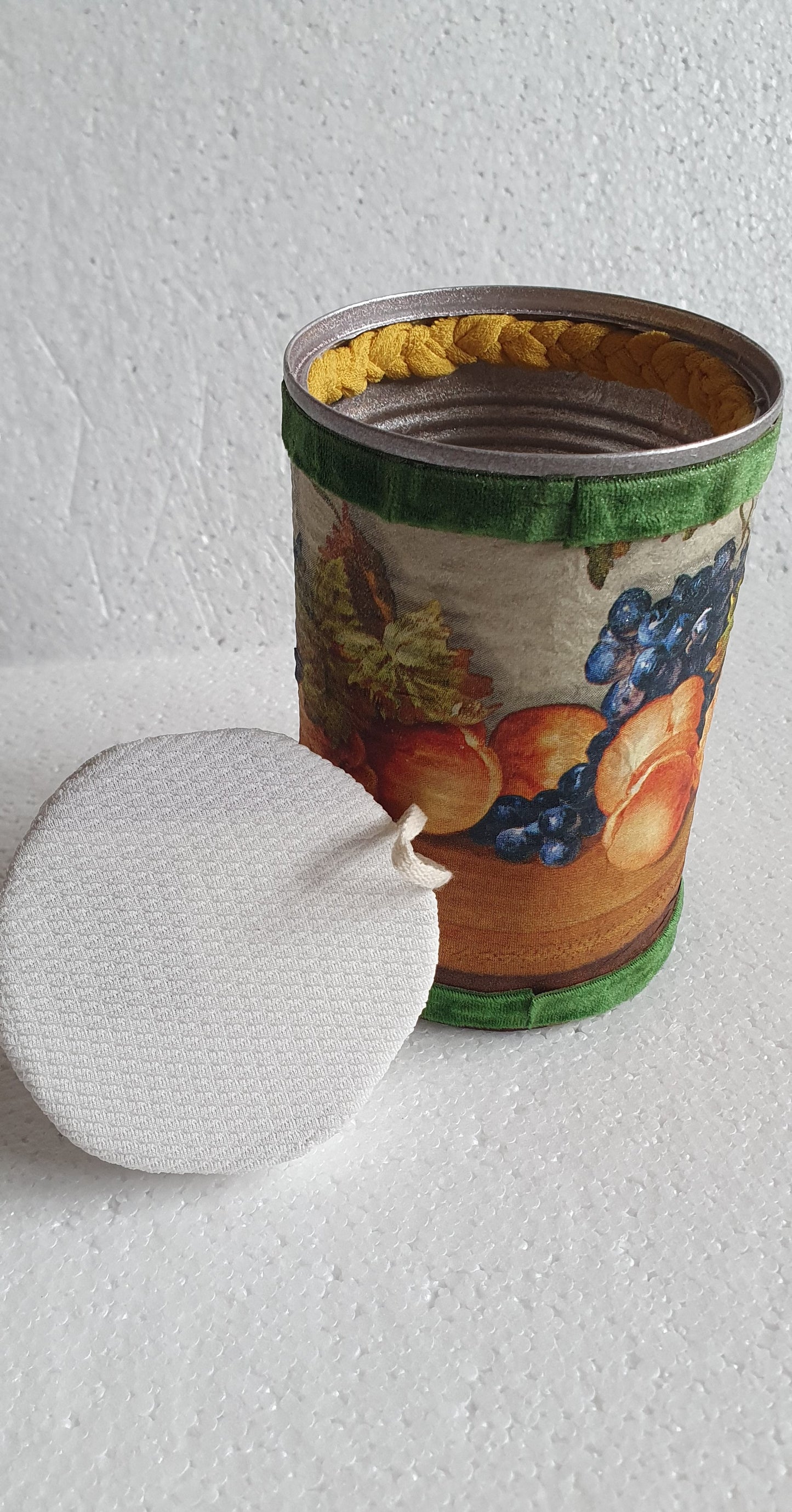Hand Decorated Tin Can Pin Cushion Storage Brown Green Violin Fruit Autumn Crafters Gift