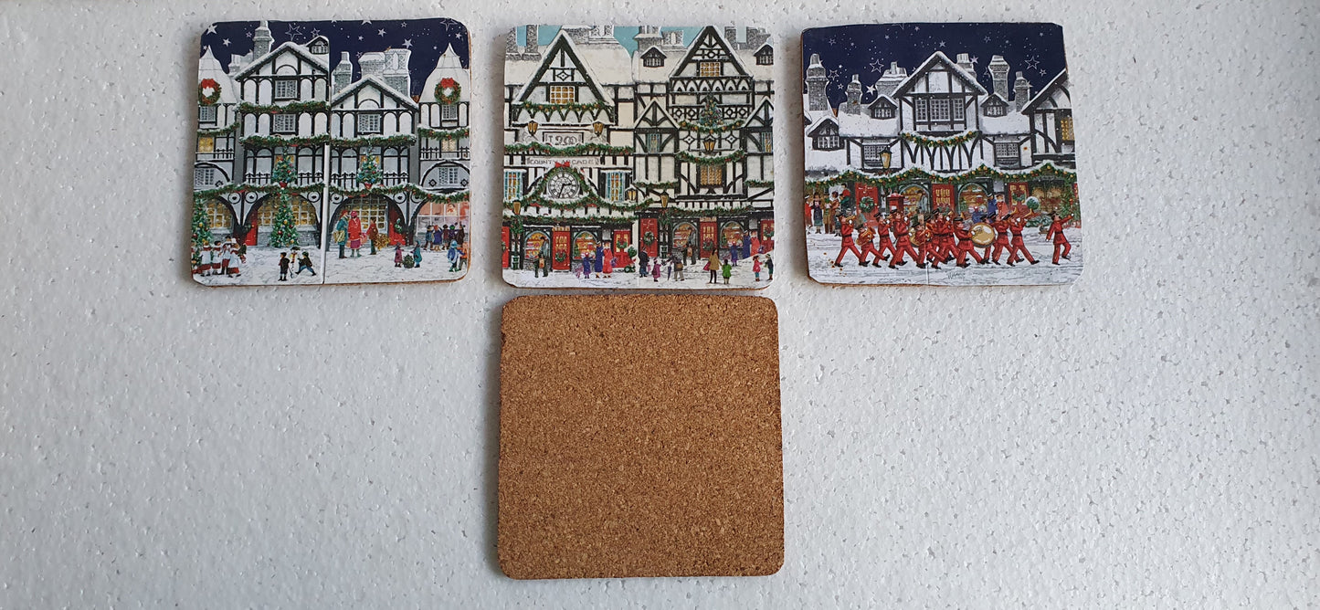 Tudor Buildings Street Scene Winter Decoupage Coasters Set Of Four Home Decor Gift