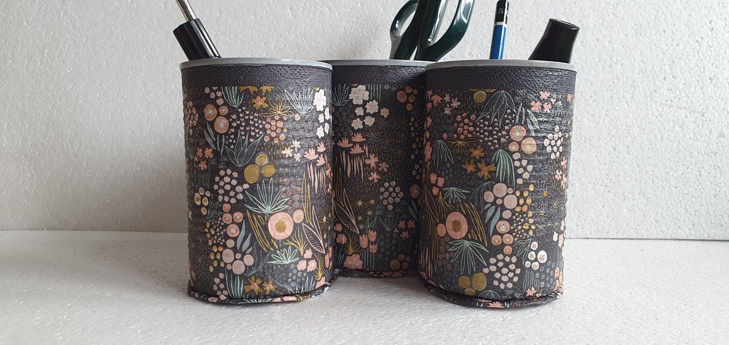 Upcycle Tin Can Artist's Desk Tidy Black Floral Pink Decoupage Hand Decorated Home Decor Gift
