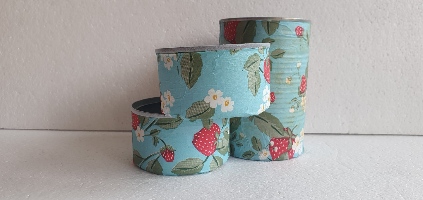 Upcycle Tin Can Desk Tidy Decoupage Blue Green Red Strawberries Floral Hand Decorated Home Decor Gift
