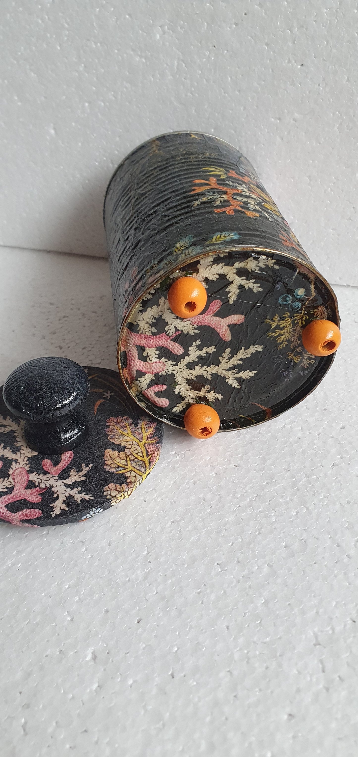 Upcycle Tin Can Desk Tidy With Lid Black Pink Marine Flower Pattern Decoupage Hand Decorated Home Decor Gift 2