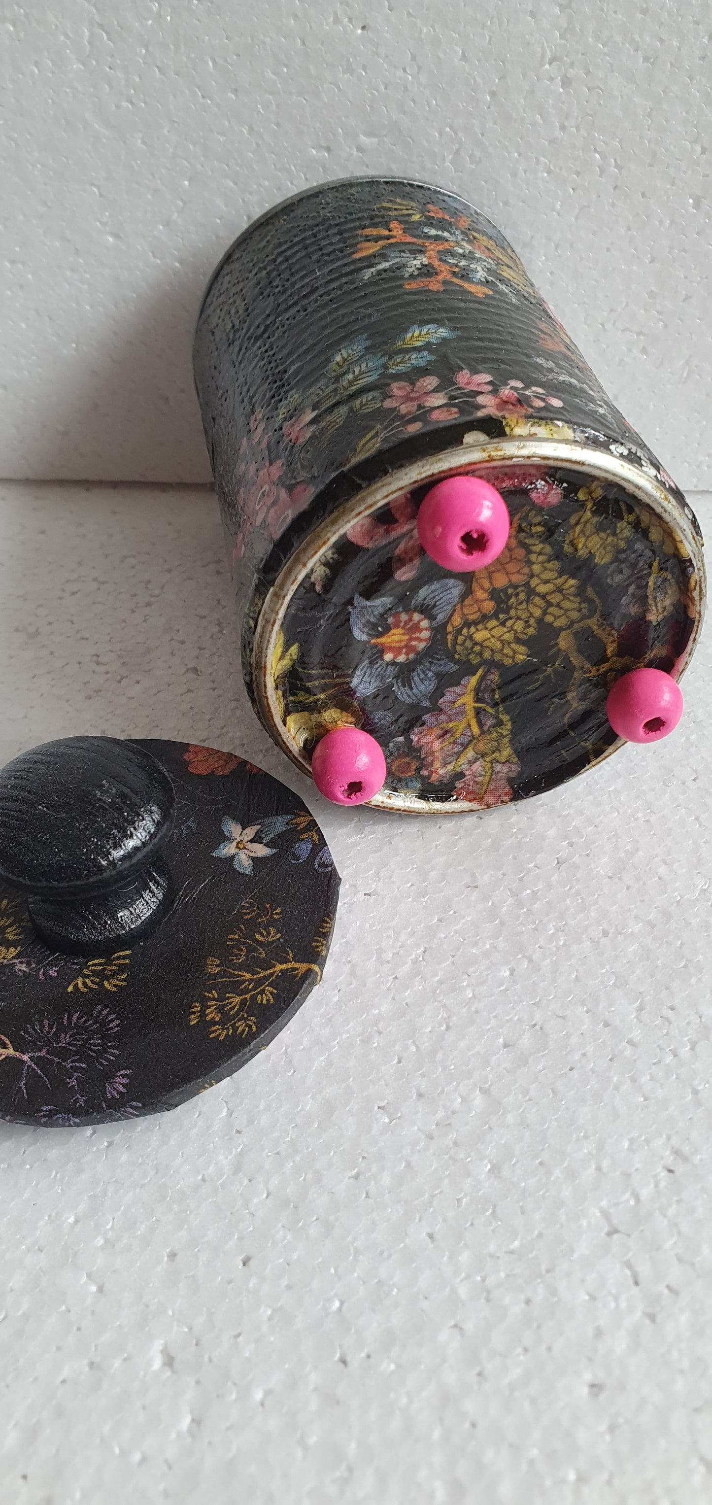 Upcycle Tin Can Desk Tidy With Lid Black Pink Marine Flower Pattern Decoupage Hand Decorated Home Decor Gift 1