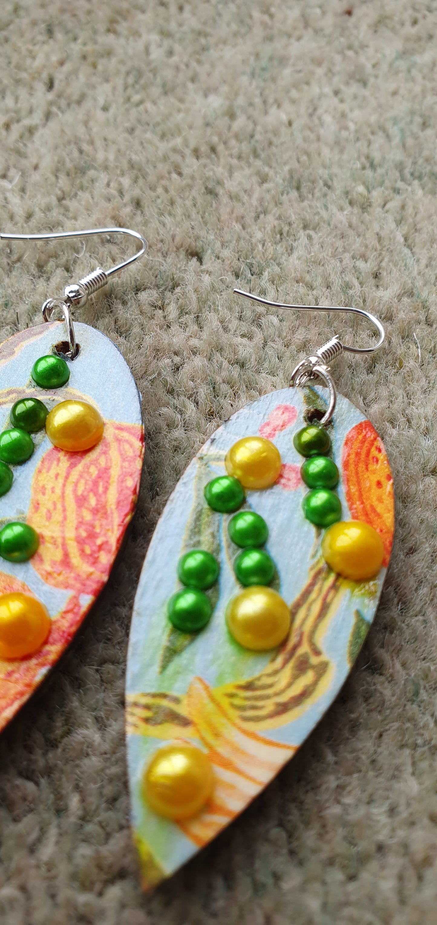 Decoupage Blue Orange Green Wooden Leaf Shape Dangle Earrings