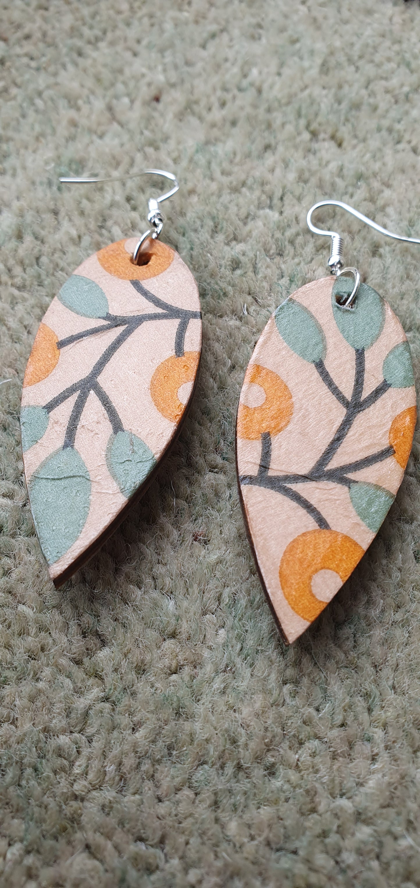 Decoupage Green Orange Brown Wooden Leaf Shape Dangle Earrings