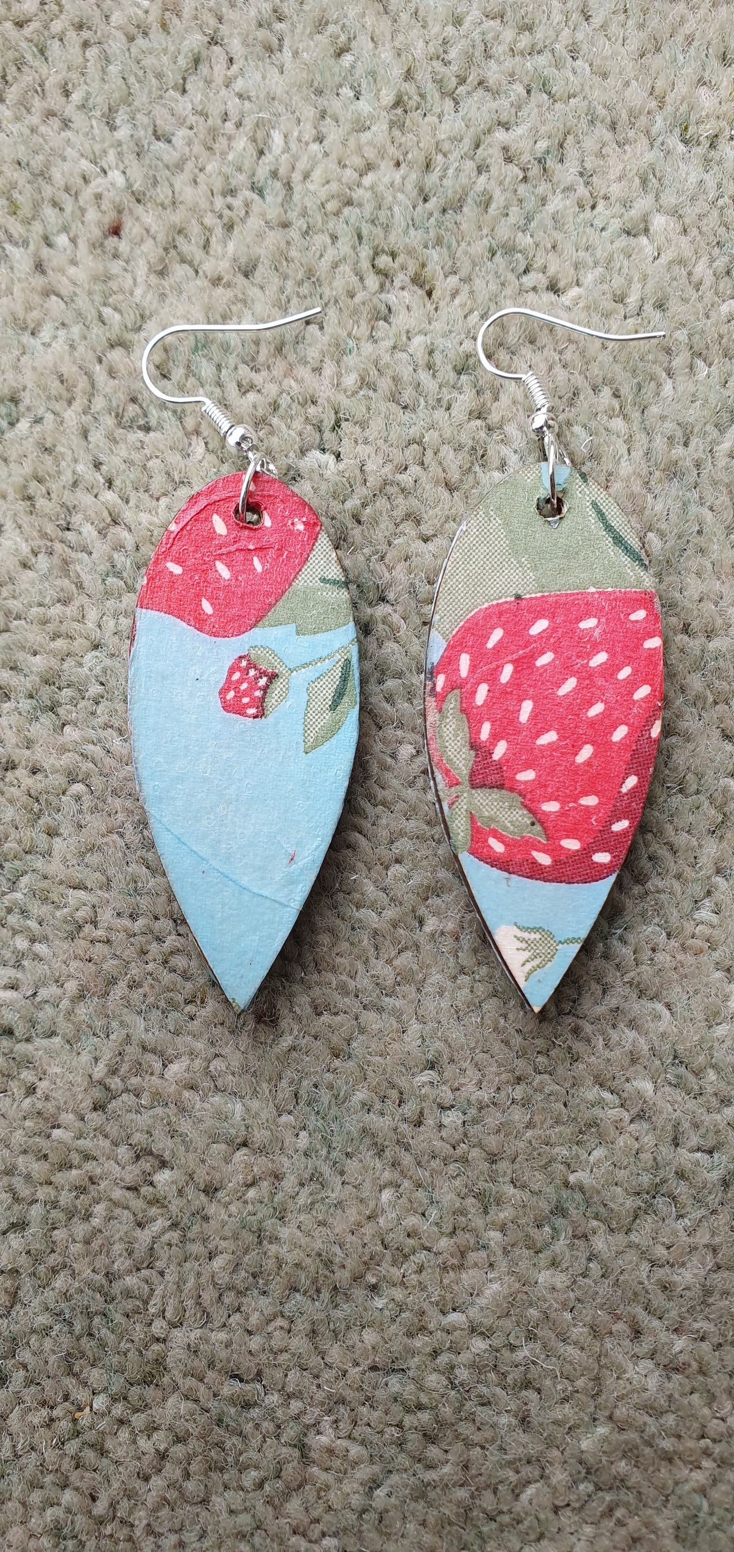 Decoupage Strawberries Blue Green Red White Wooden Leaf Shape Dangle Earrings