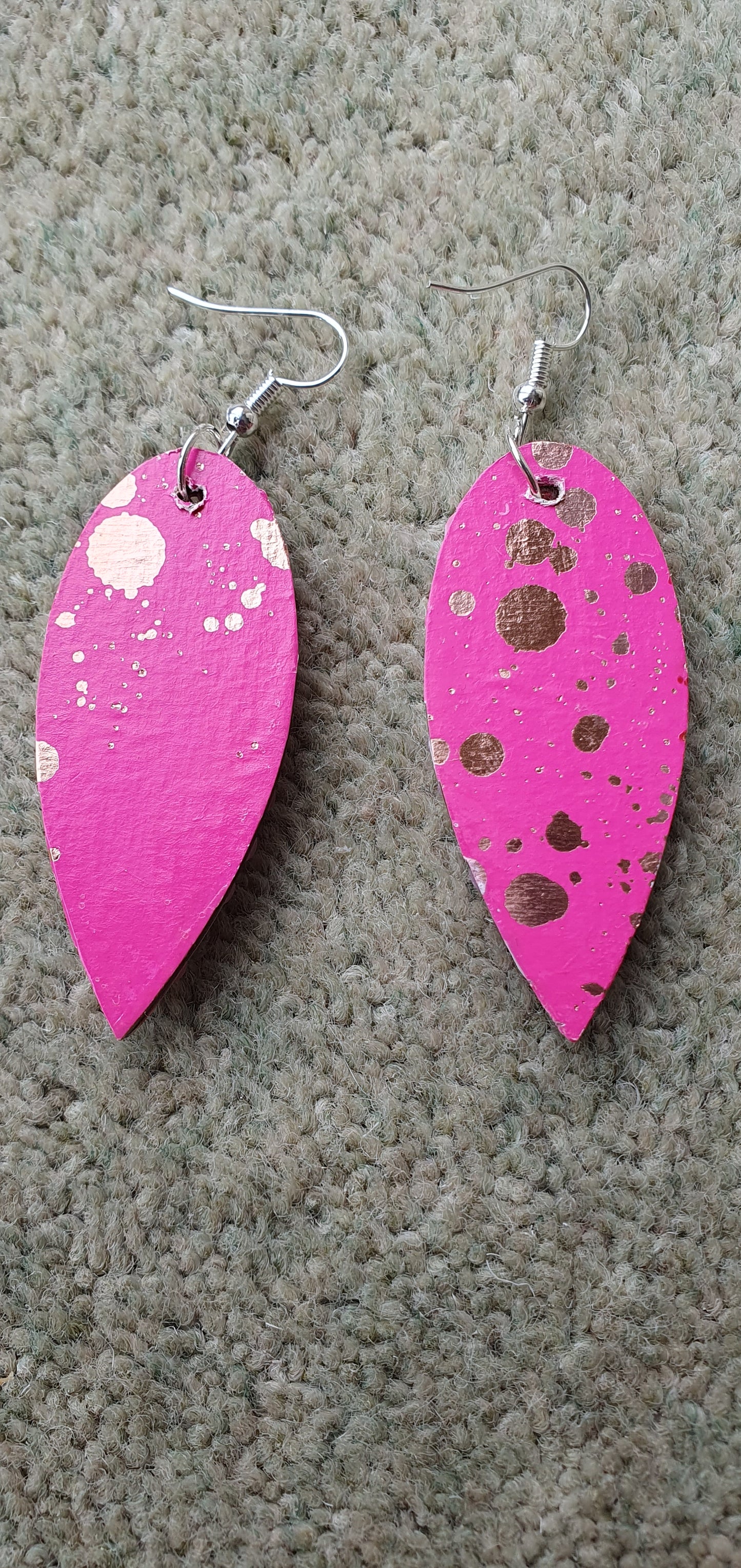Decoupage Pink Silver Wooden Leaf Shape Dangle Earrings