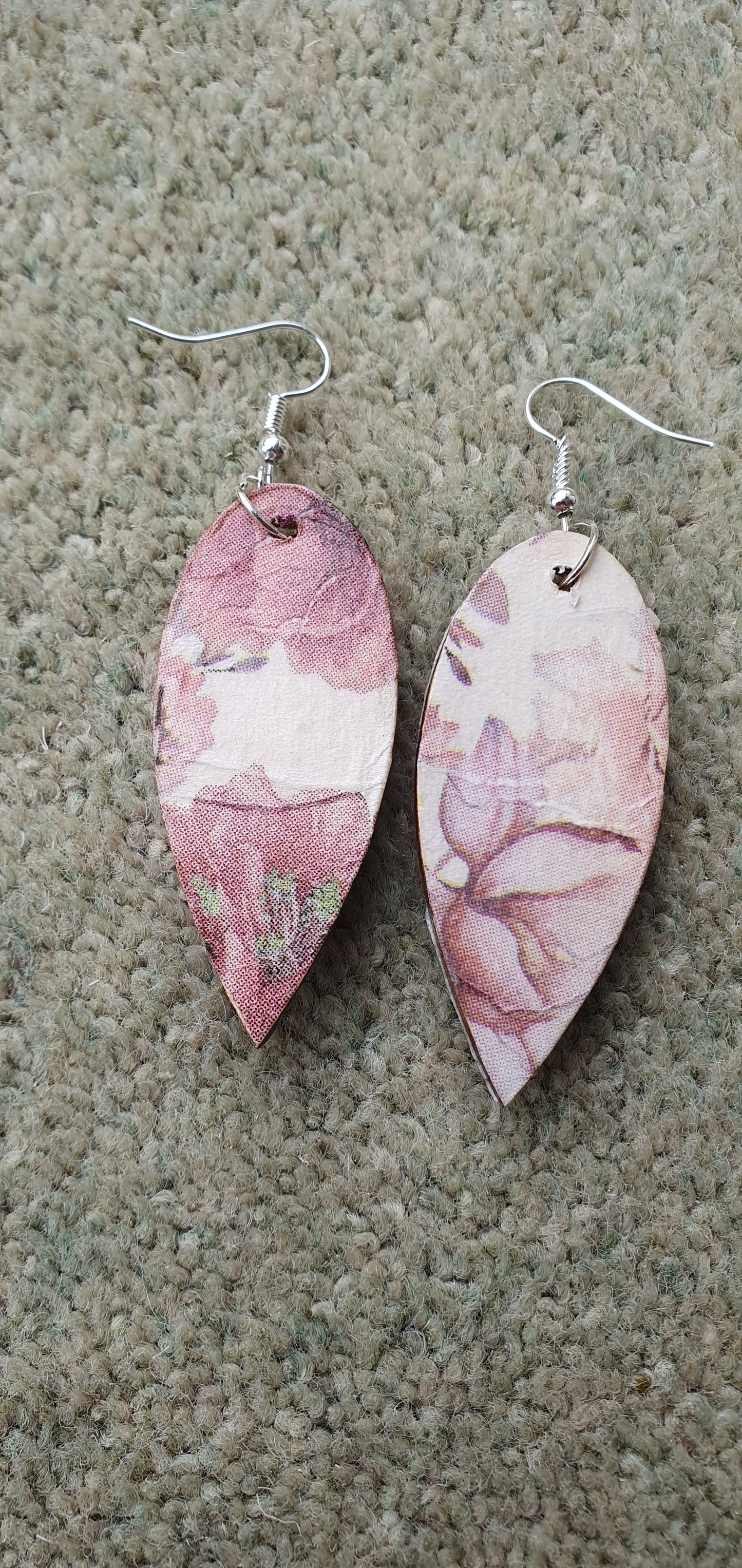 Decoupage White Pink Floral Wooden Leaf Shape Dangle Earrings
