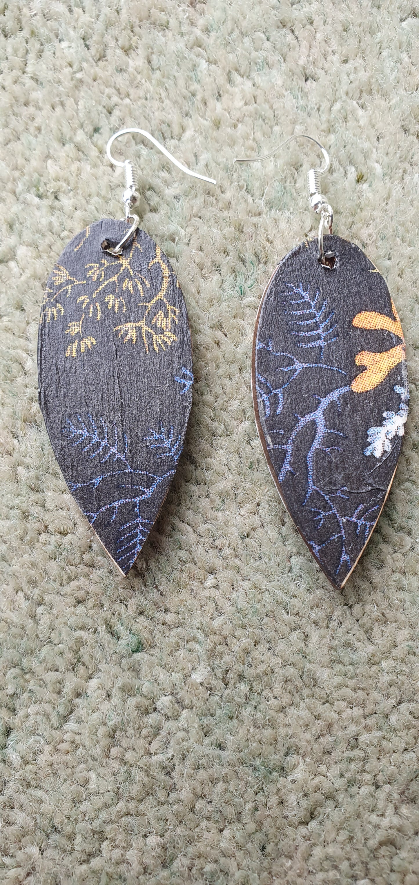 Decoupage Black White Pink Orange Marine Wooden Leaf Shape Dangle Earrings