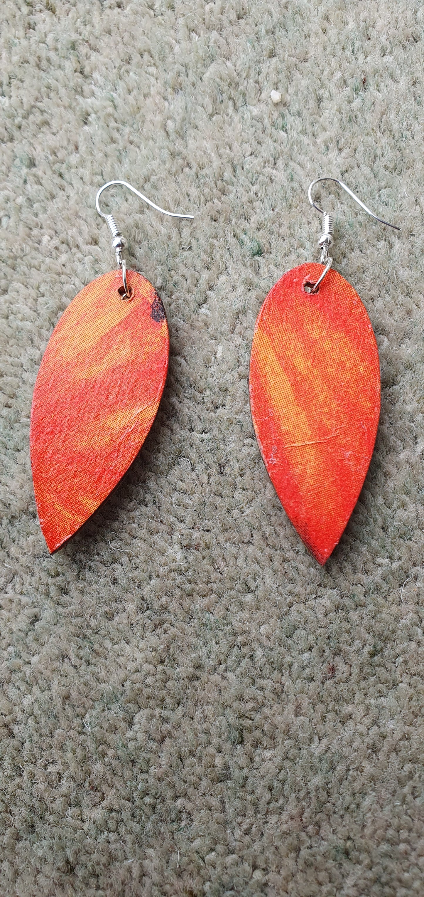 Decoupage Black Orange Brown Wooden Leaf Shape Dangle Earrings