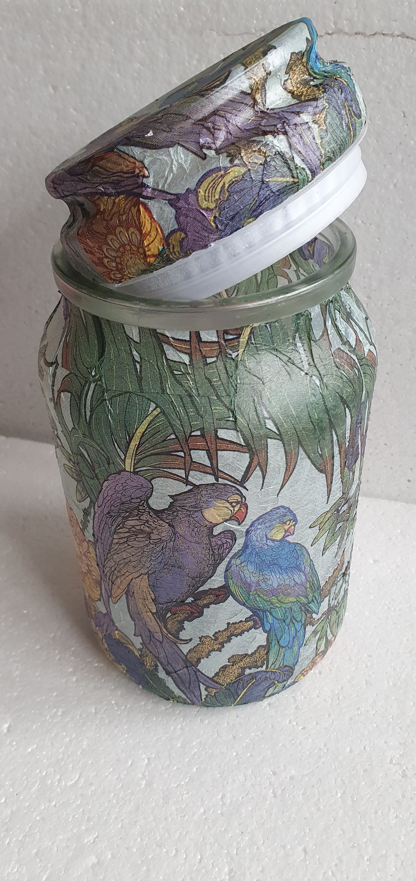 Large Hand Decorated Glass Pin Cushion Jar Blue Green Purple Parrots Crafters Gift