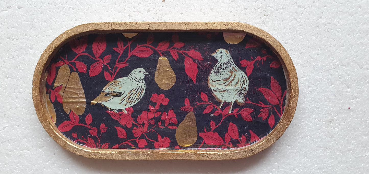 Decoupage Trinket Tray Cement Base Gold Purple Pink Partridges Pears Home Decor Gift