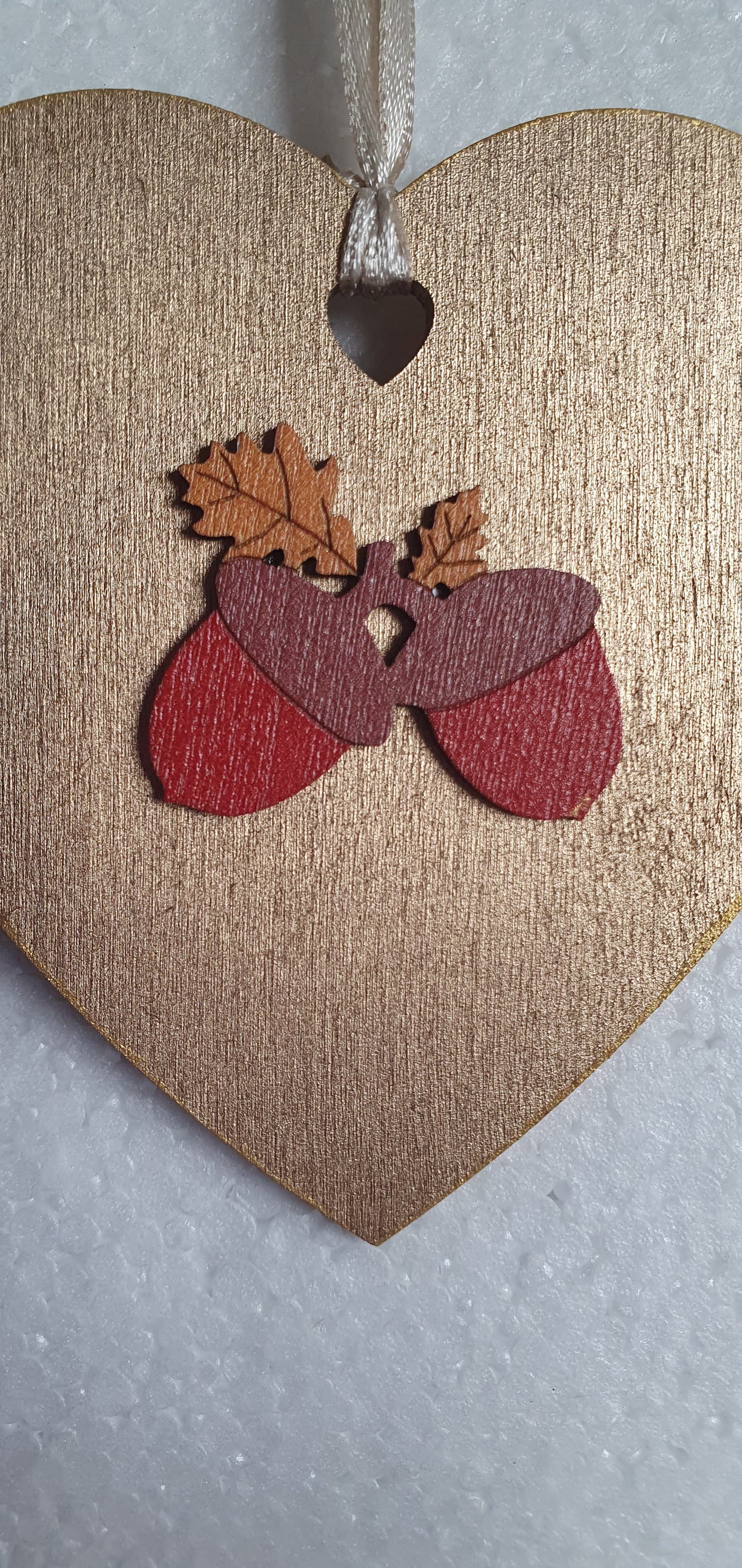 Small Wooden Heart Brown Orange Autumn Squirrel Acorns Window Hanging Gift