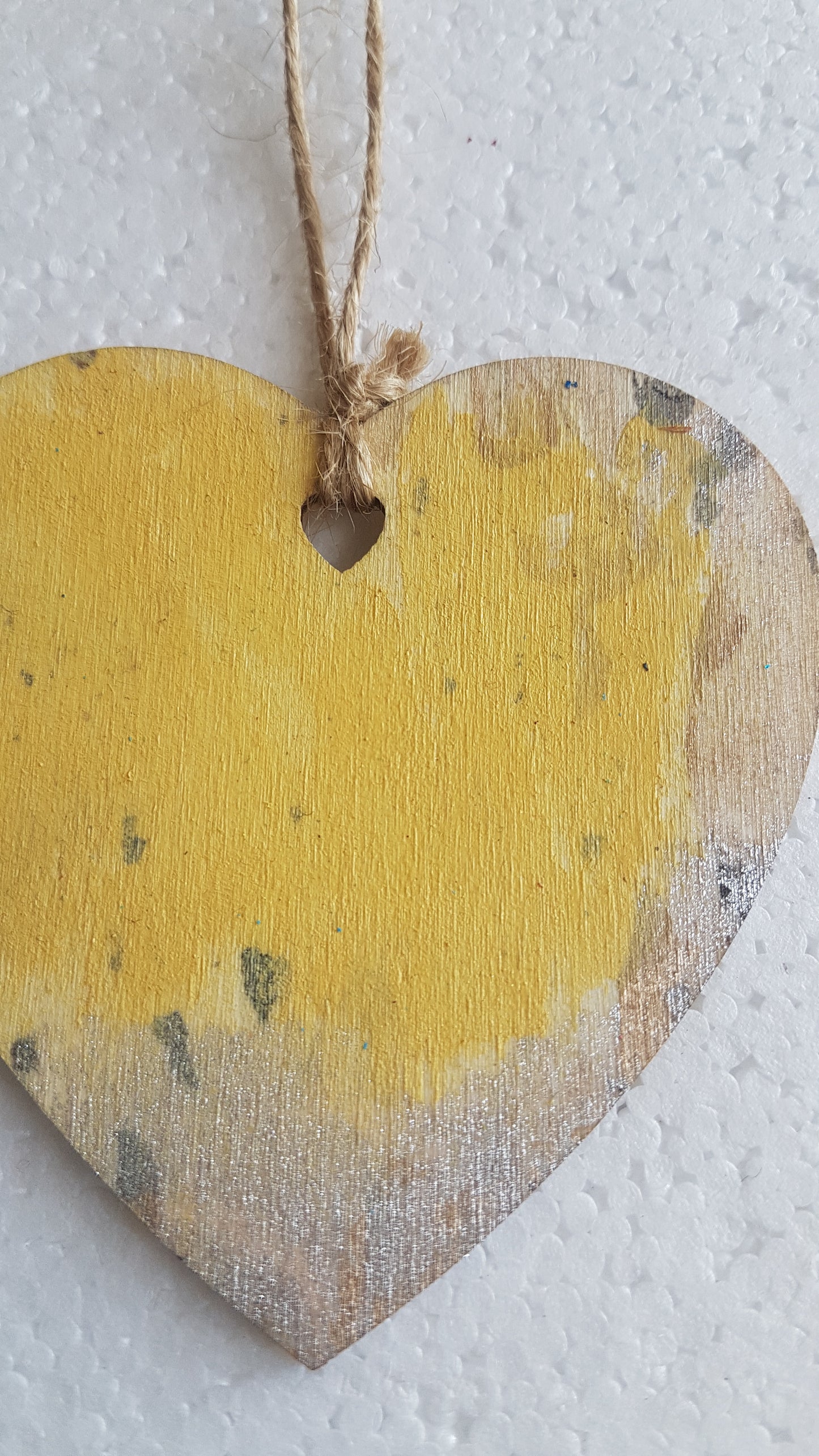 Small Abstract Wooden Heart Yellow Silver Grey Window Hanging Gift 2