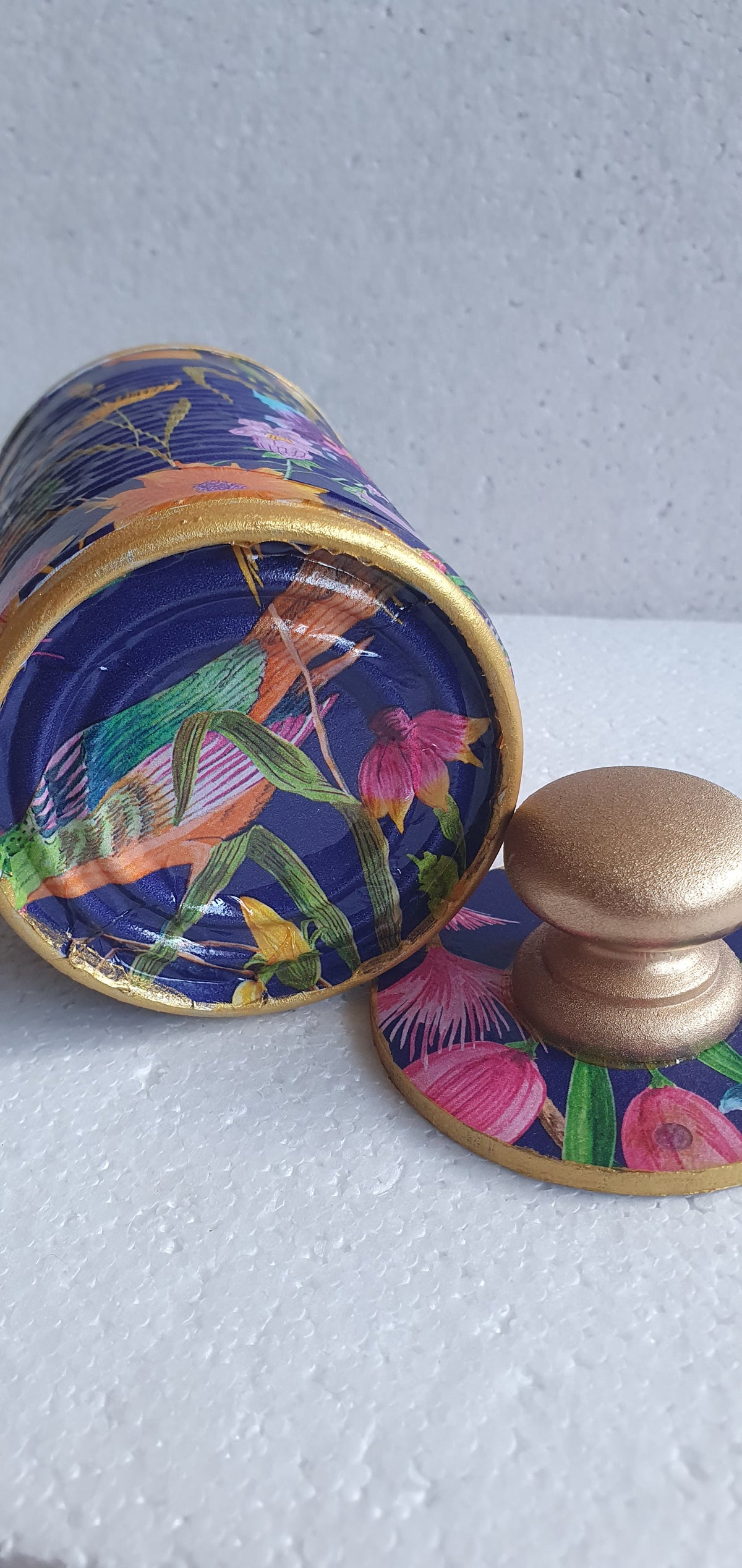 Upcycle Tin Can Desk Tidy With Lid Green Gold Pink Blue Orange Yellow Birds Decoupage Hand Decorated Home Decor Gift
