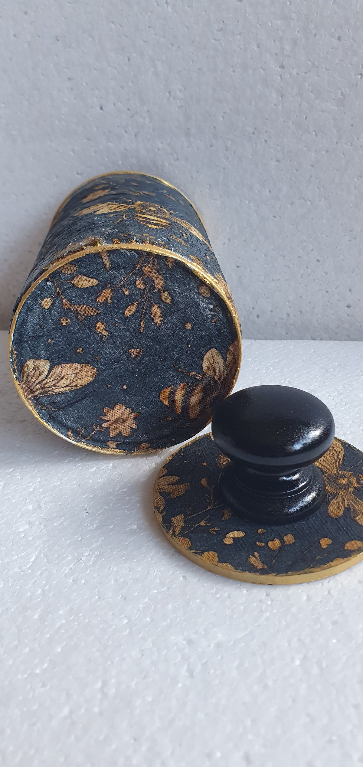 Upcycle Tin Can Desk Tidy With Lid Bees Flowers Brown Black Gold Black Decoupage Hand Decorated Home Decor Gift
