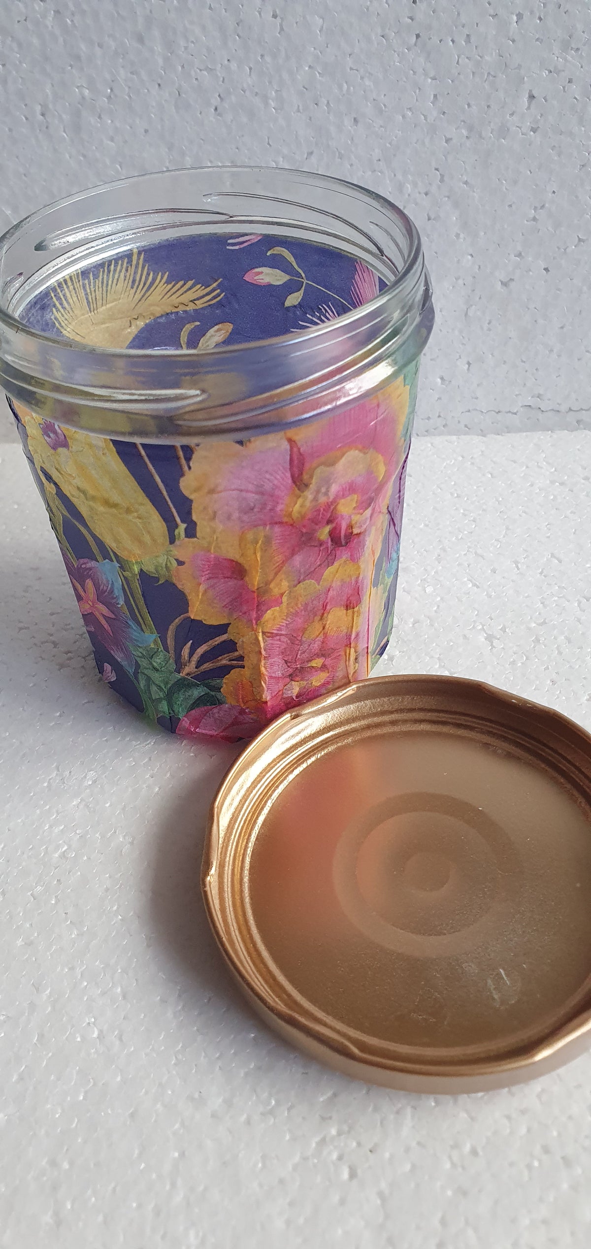 Hand Decorated Storage Jar Blue Pink Orange Gold Floral Crafters Gift