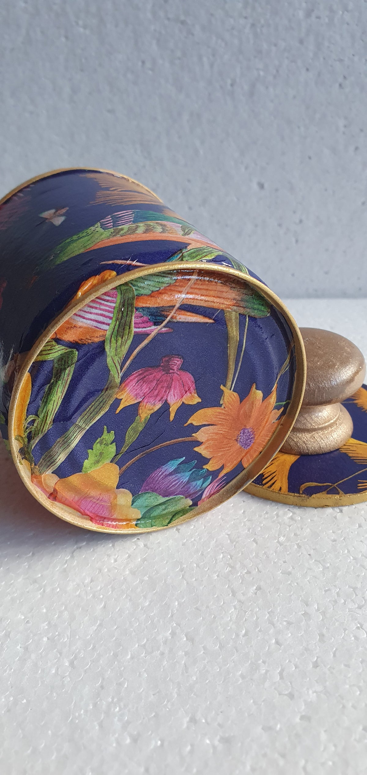 Upcycle Tin Can Desk Tidy With Lid Blue Pink Orange Gold Floral Decoupage Hand Decorated Home Decor Gift