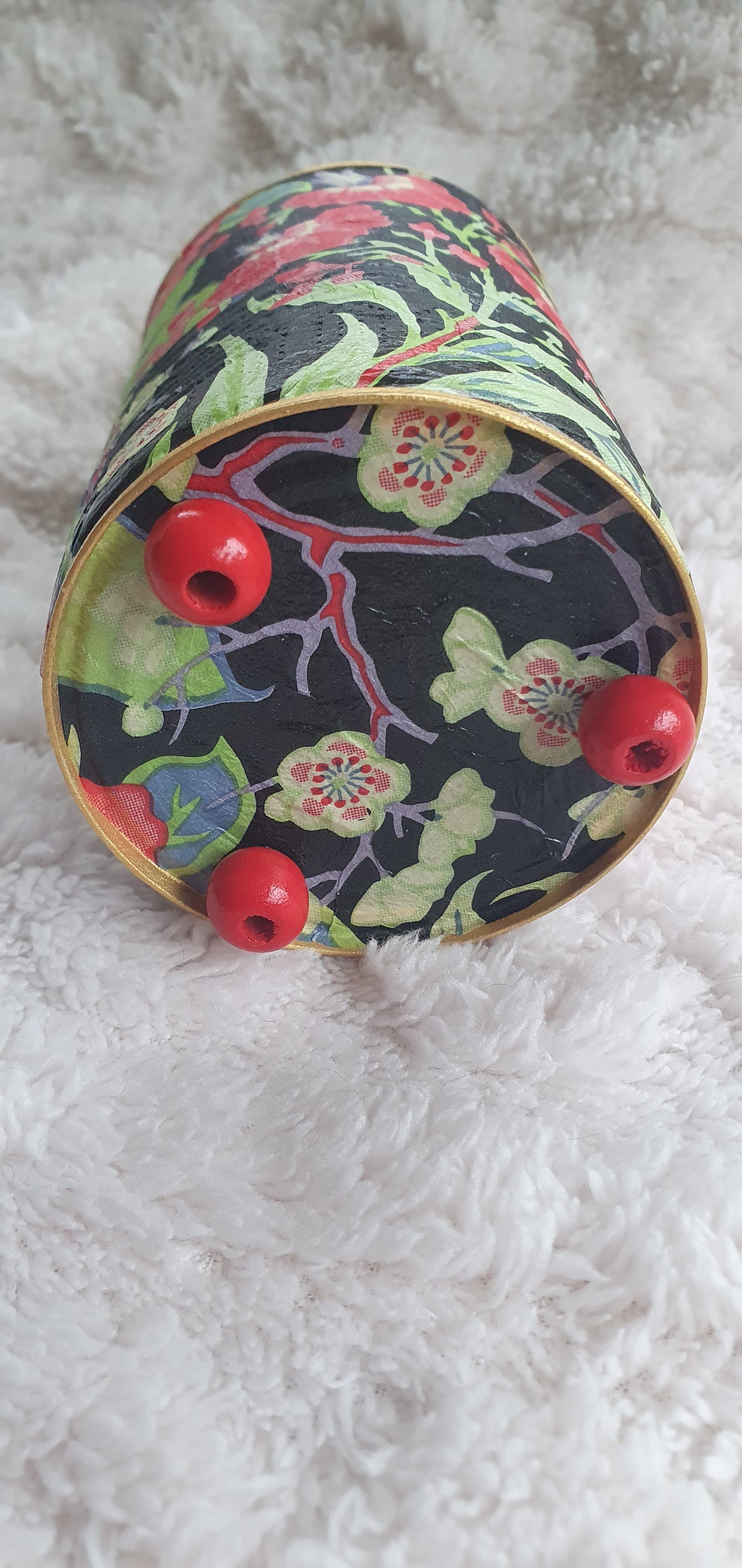 Upcycle Tin Can Planter Red Green Black Yellow Floral Decoupage Hand Decorated Home Decor Gift