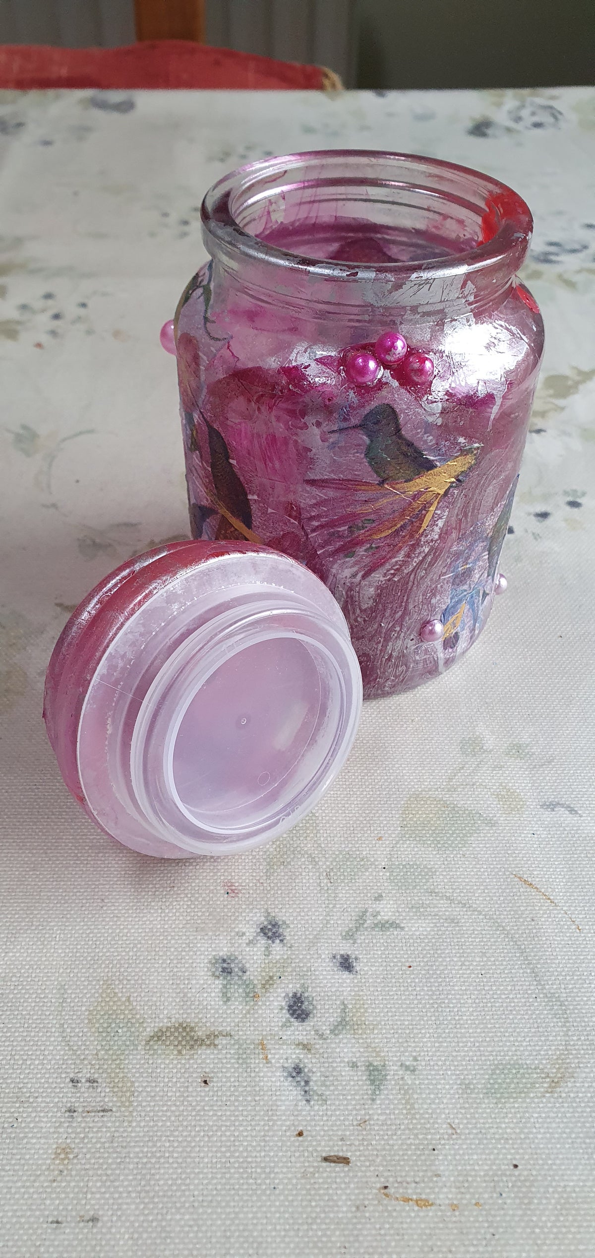 RESERVED FOR ANGELA Small Pink Silver Hummingbirds Hand Decorated Candle Storage Jar With Lid Home Decor Gift
