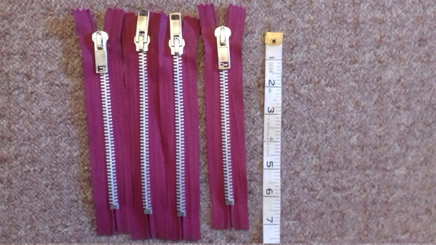 Deep raspberry red/burgundy zip very chunky heavy silver metal 6 inch (15cm) closed end 'Size 8'