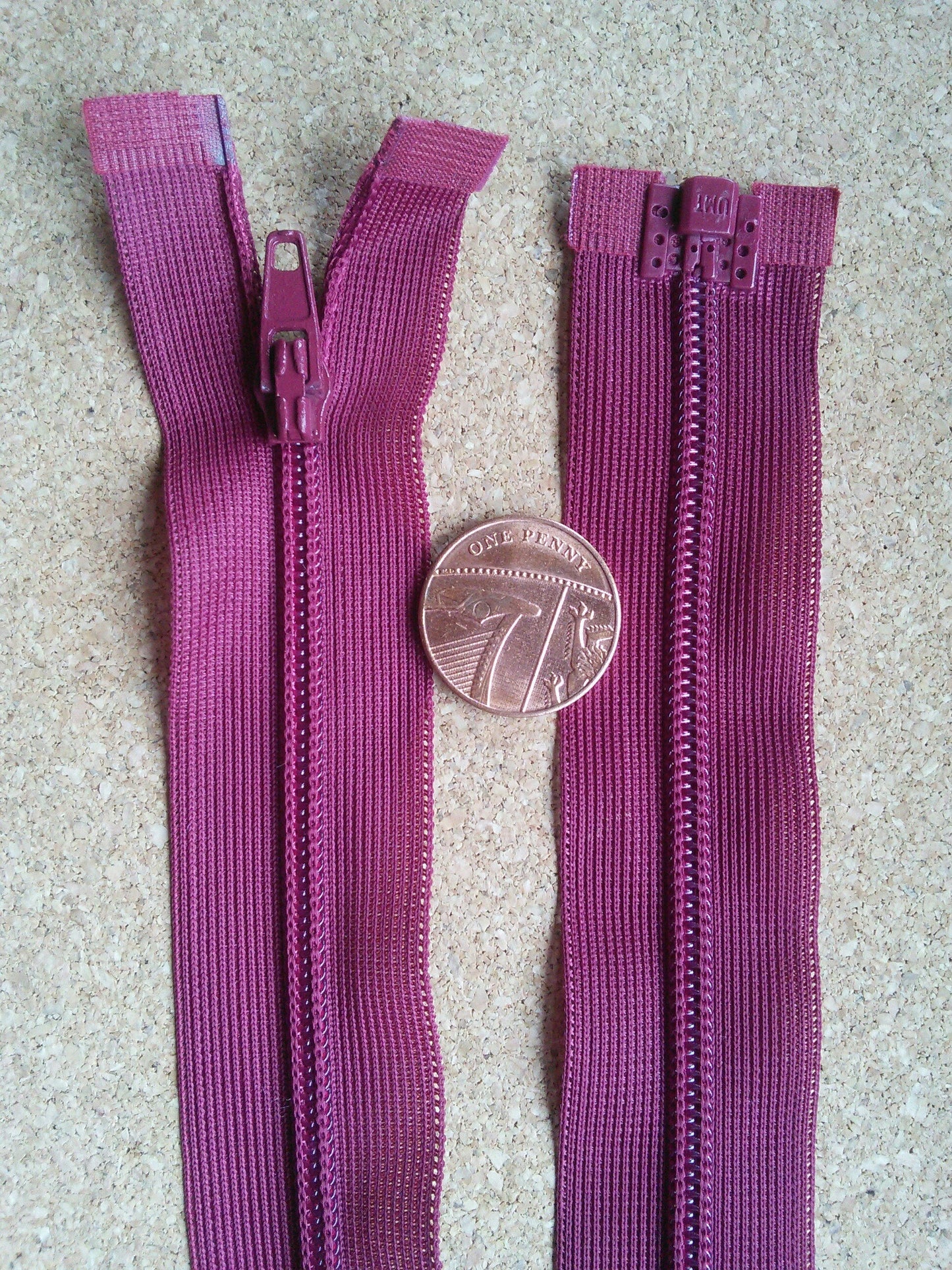 Raspberry red zip 23.5 inch (59.5cm) separating nylon open ended lighter fabrics