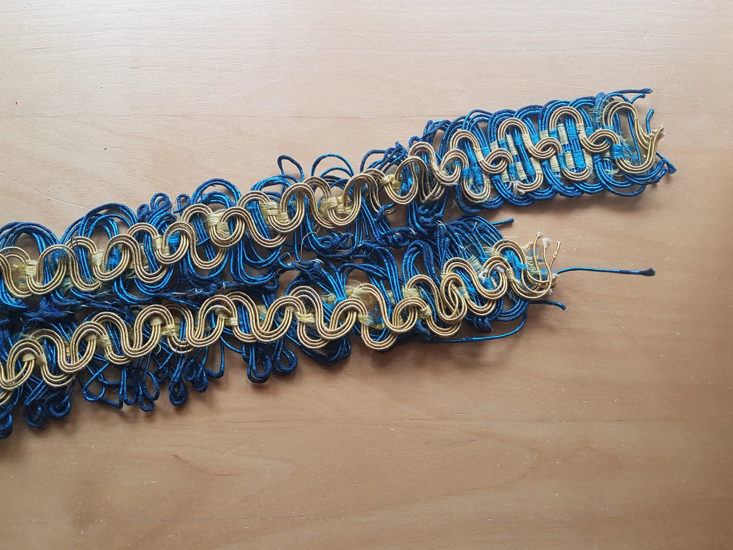 Royal Blue and Gold Vintage Curtain Upholstery Trim Rescued Remnant 156 inches