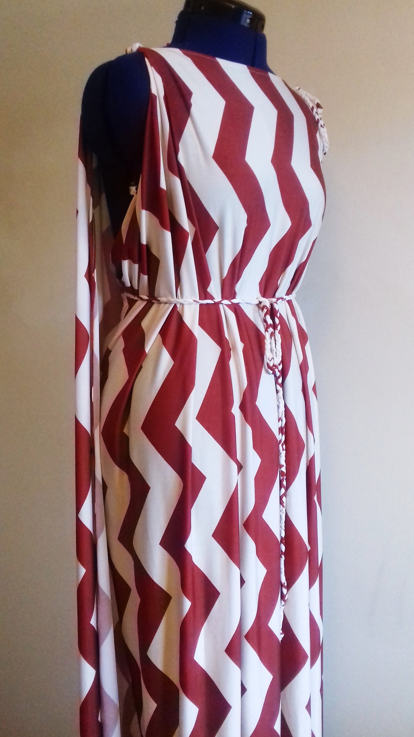 Cream Terracotta Zig Zag Pattern Grecian Dress