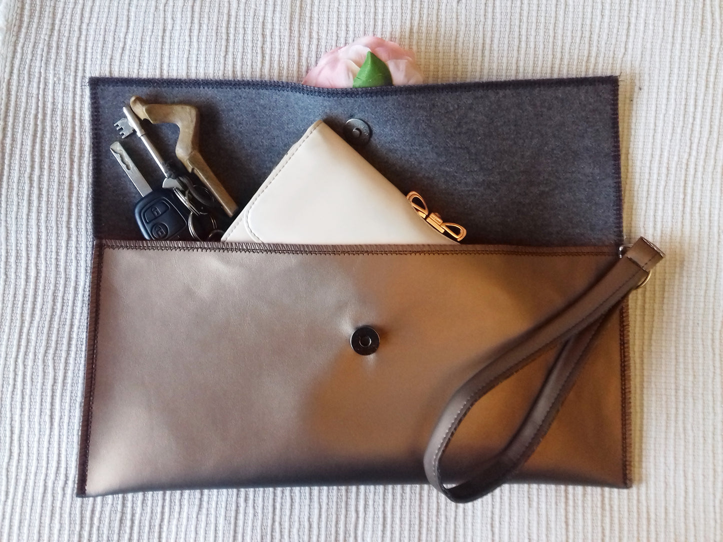 Faux Leather Clutch Bronze Pink Flower Hand Bag