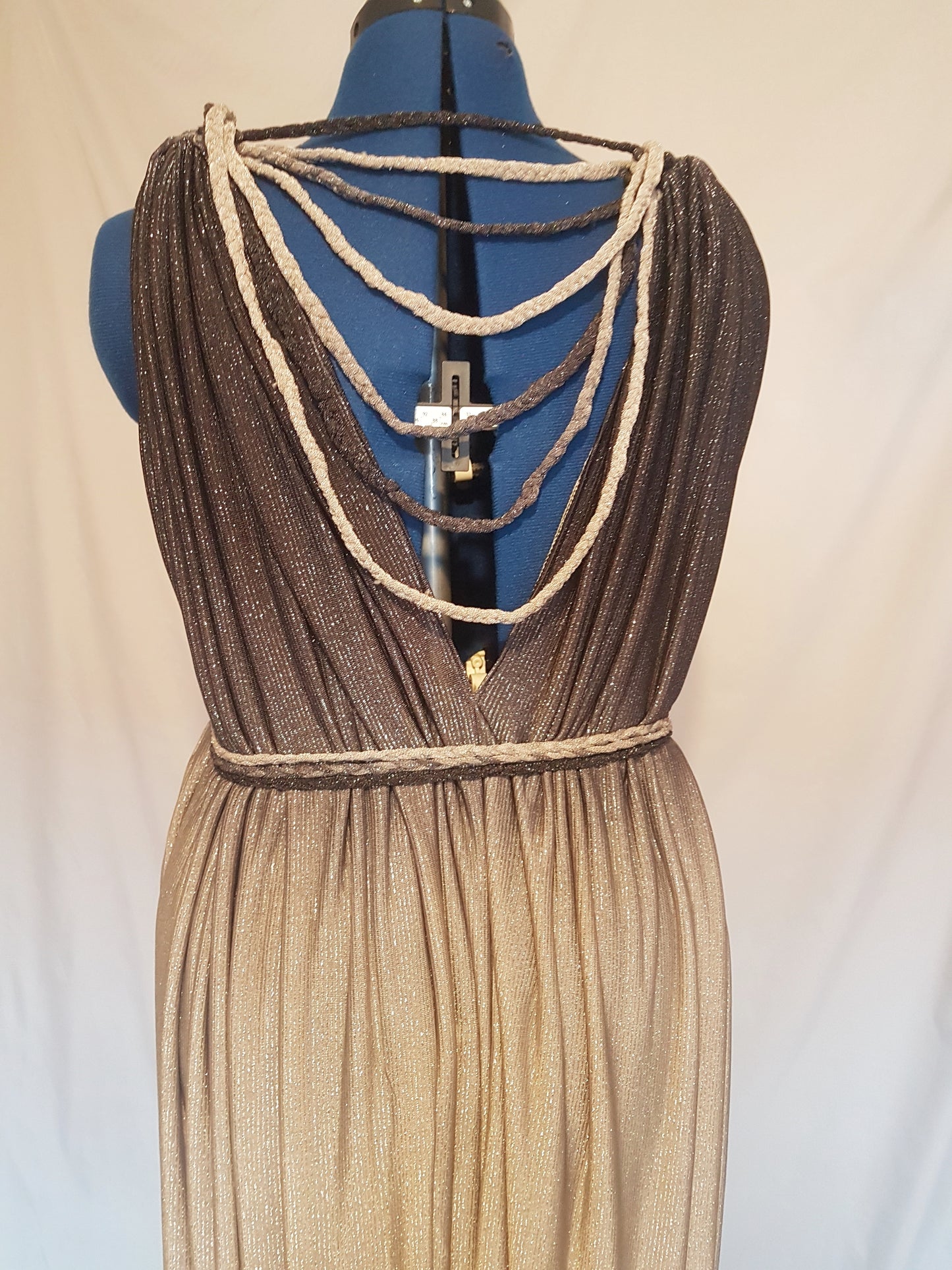 Grey Silver Striped Metallic Grecian Plunge Dress