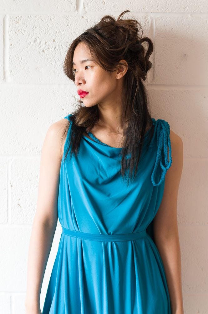 Sky Blue Backless Grecian Drape Dress