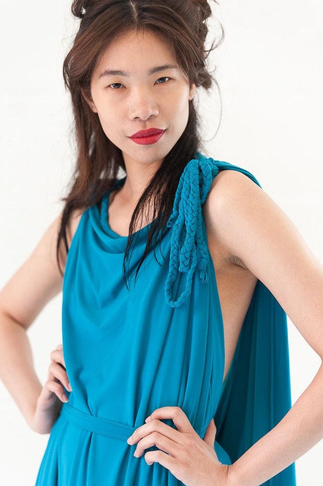 Sky Blue Backless Grecian Drape Dress