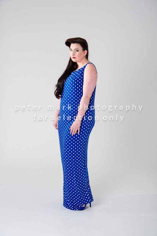 Blue Polka Dot Retro Jersey Dress Up To UK10