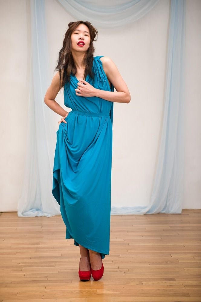 Sky Blue Backless Grecian Drape Dress