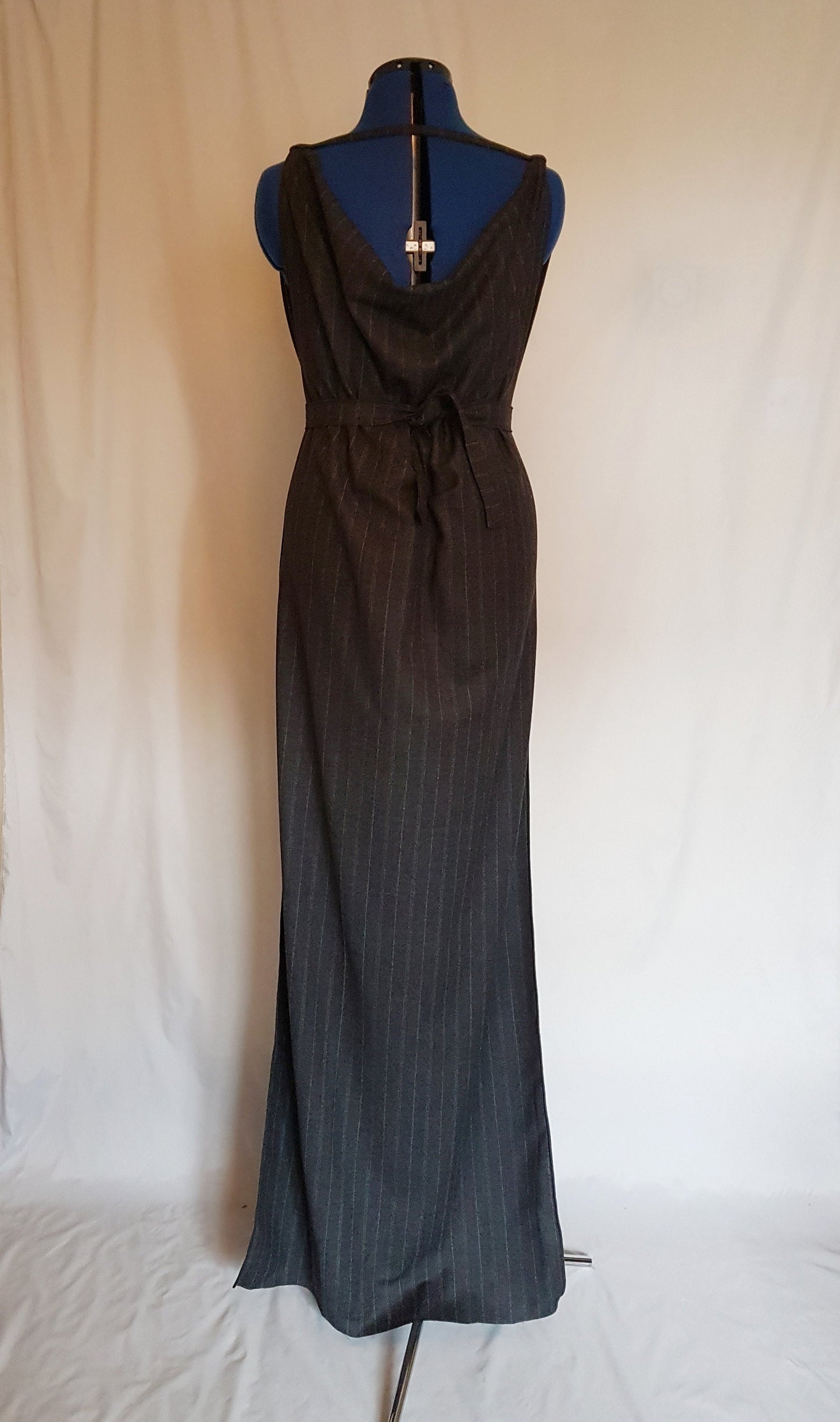 Grey Pinstripe Grecian Drape Backless Dress