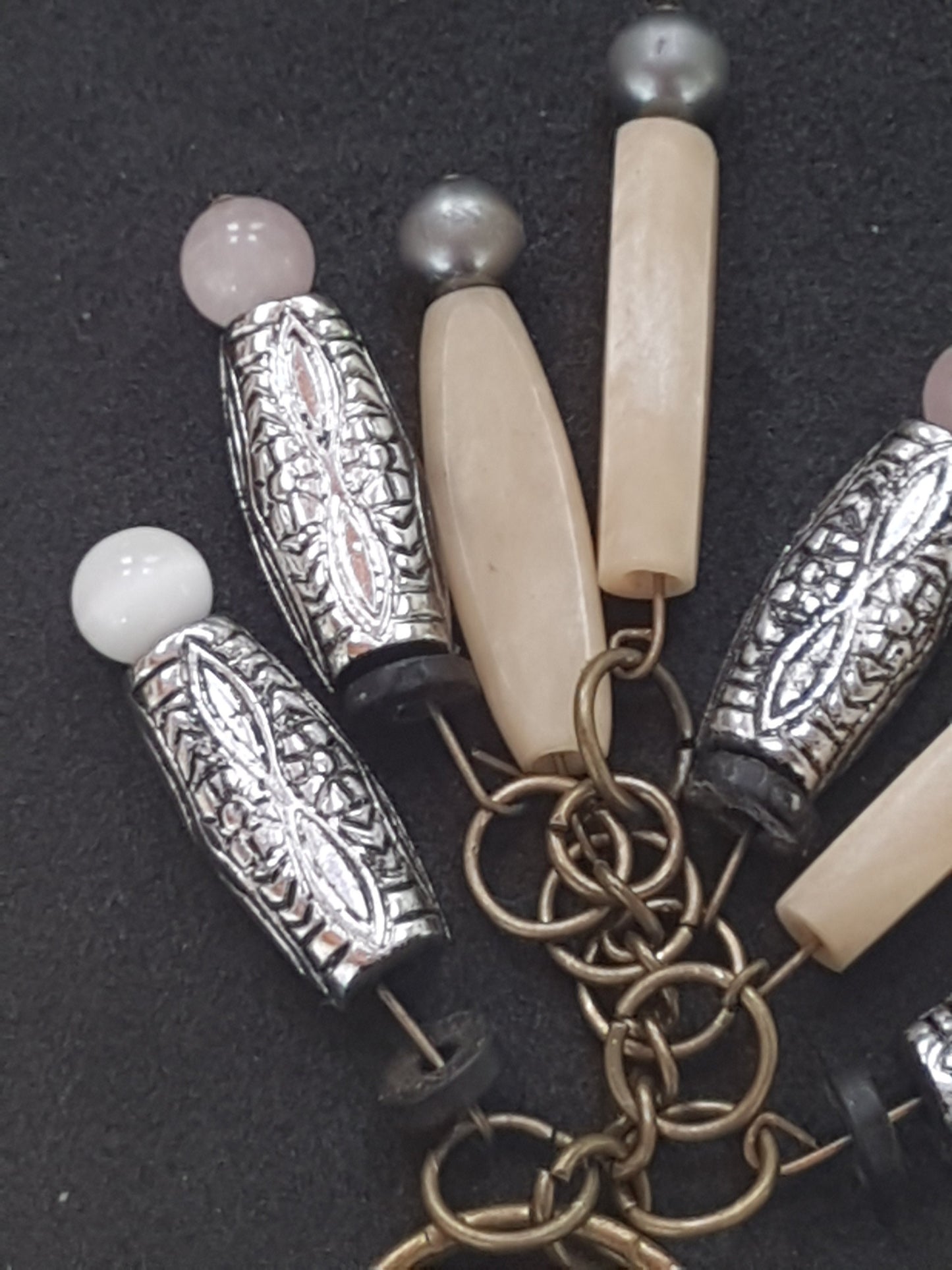Silver, Cream Grey Beads Keychain