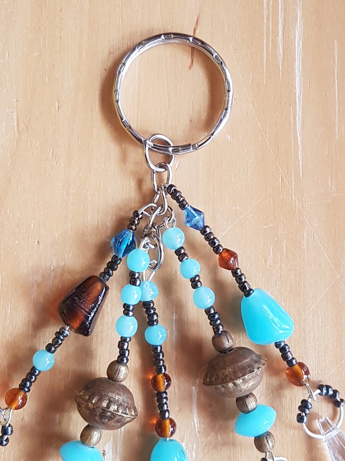 Brown, Blue, Gold, Black Bead Keychain Bag Charm