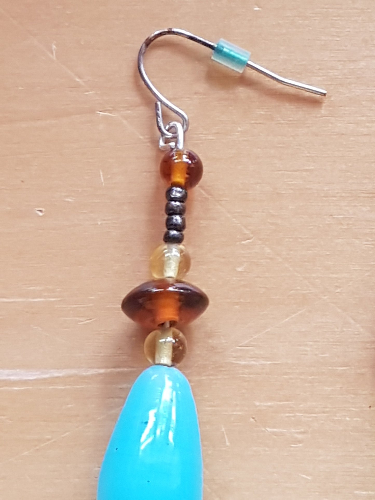 Brown, Blue And Black Bead Silver Earrings