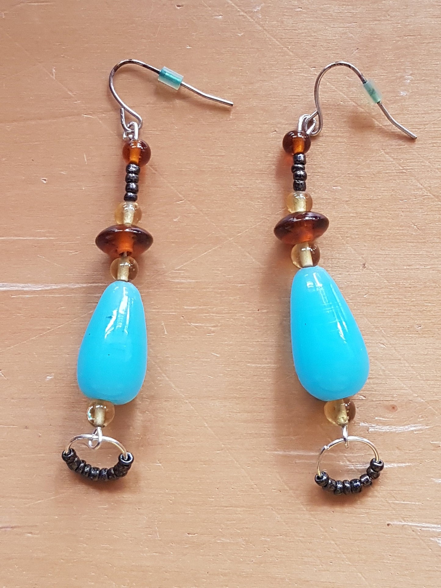 Brown, Blue And Black Bead Silver Earrings
