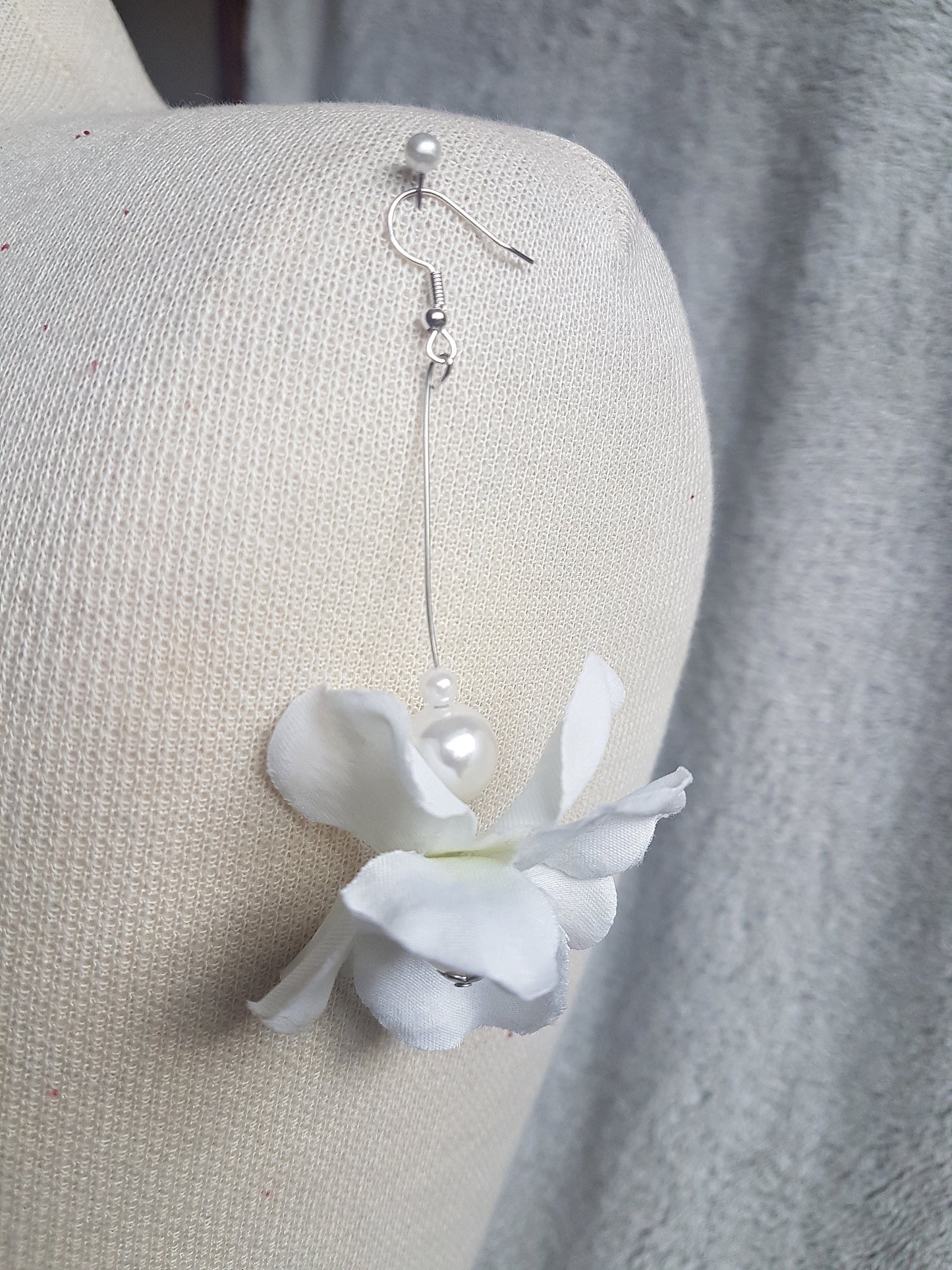 Silver Pearl Fabric Flower Earrings