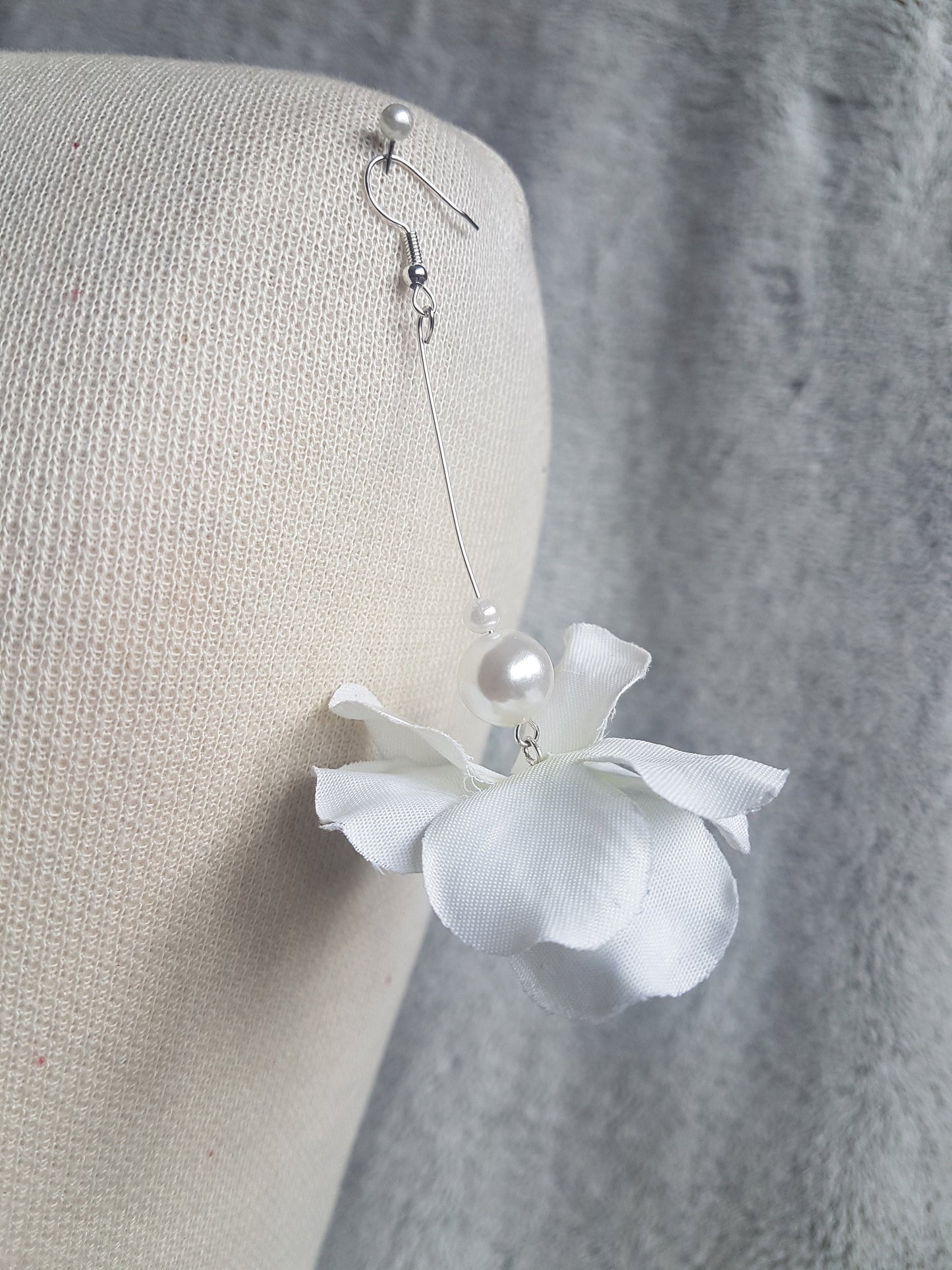 Silver Pearl Fabric Flower Earrings