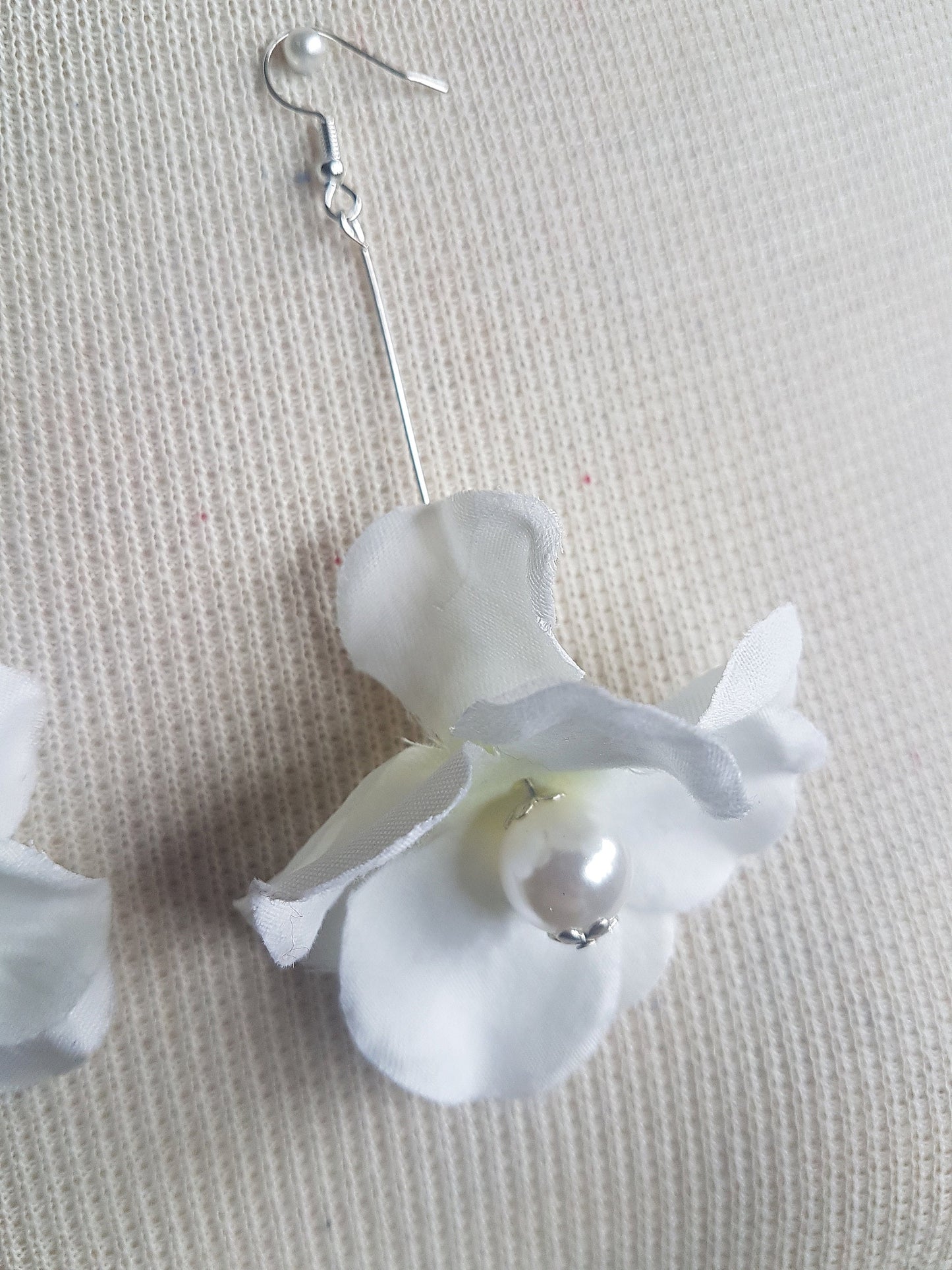 Silver Pearl Fabric Flower Earrings