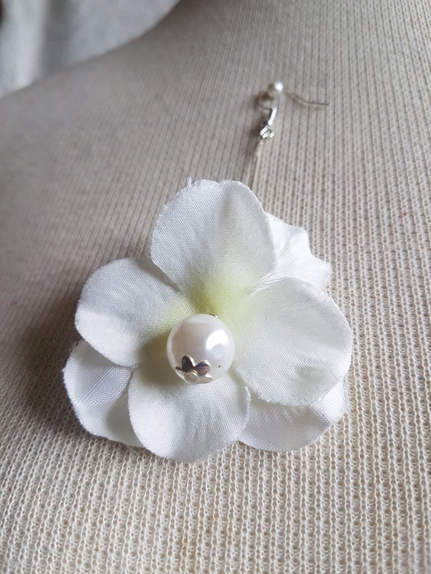Silver Pearl Fabric Flower Earrings