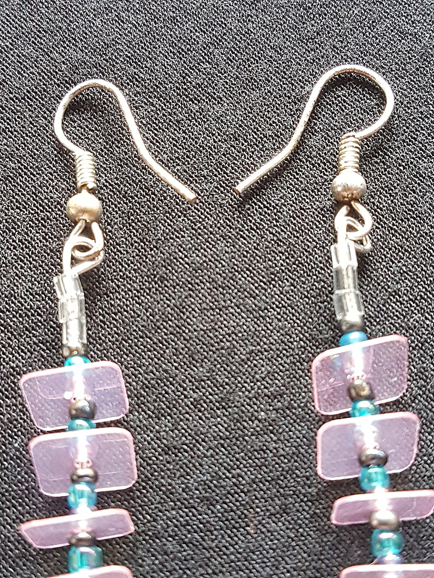 Silver Pink Blue Beads Sequins Earrings