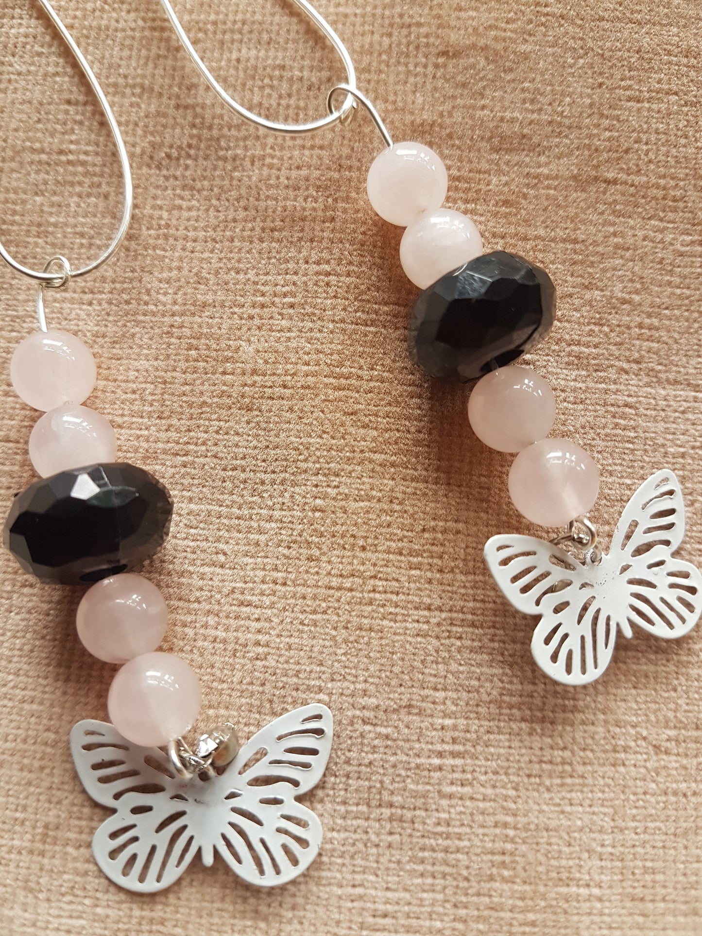 Pink, Black, White Bead Butterfly Silver Earrings