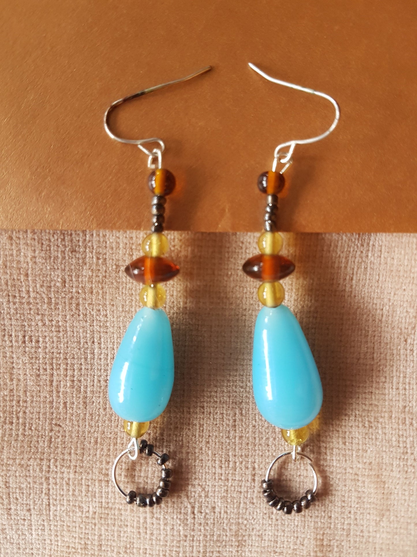 Brown, Blue And Black Bead Silver Earrings