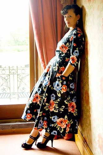 Rockabilly Black Floral Pinup Dress With Pockets