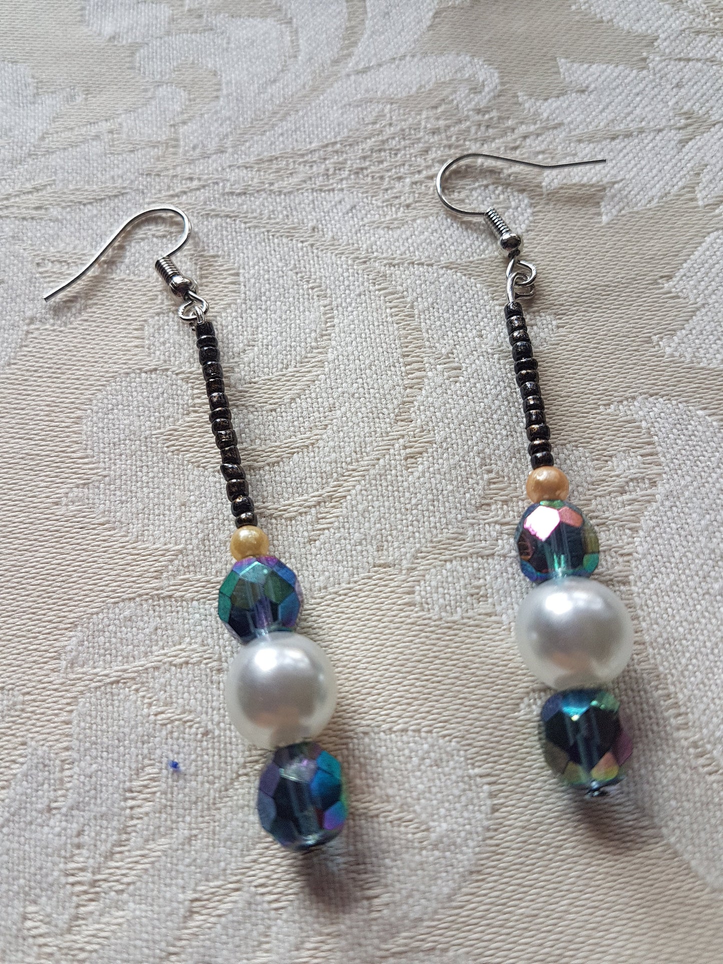 Blue Grey Ivory Silver Bead Earrings