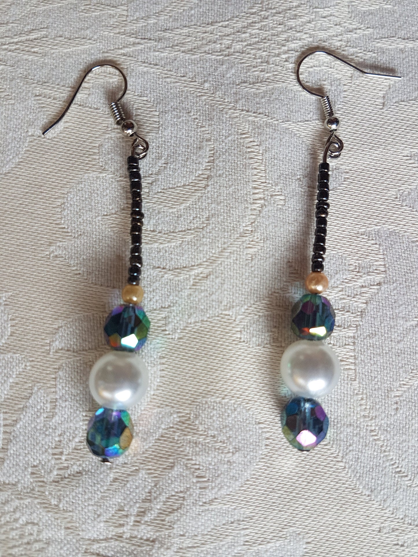 Blue Grey Ivory Silver Bead Earrings